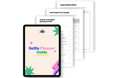 Phone displaying a 'Selfie Planner Guide' app with printed planner pages on a black background