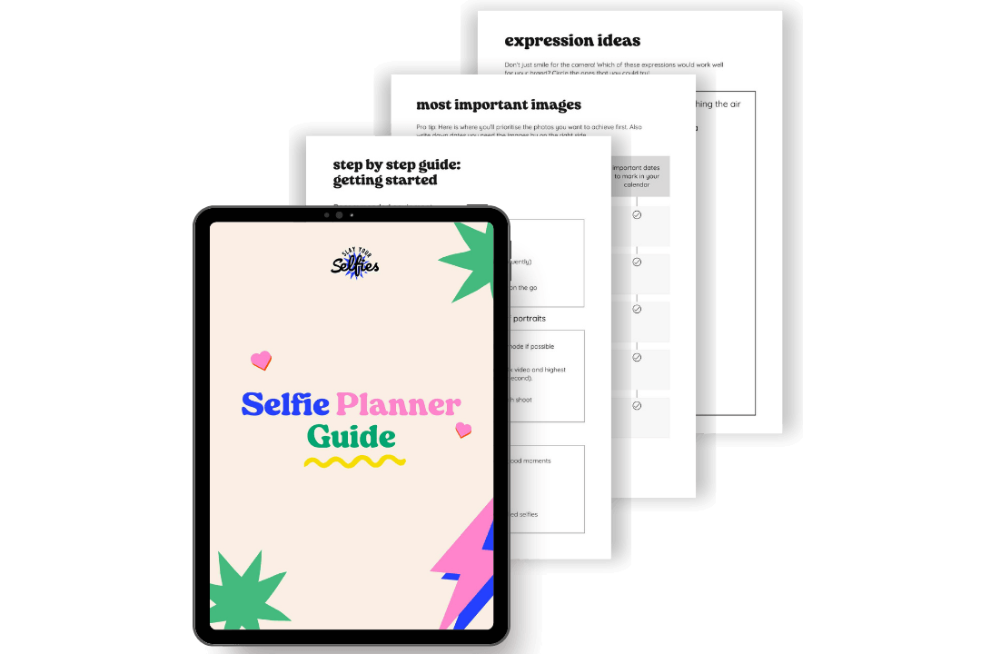 Phone displaying a 'Selfie Planner Guide' app with printed planner pages on a black background