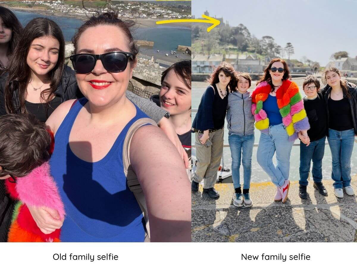 Comparison of two family selfies, one labeled 'Old family selfie' and the other 'New family selfie', showing the change between taking photos by hand and with the slay your selfies method 